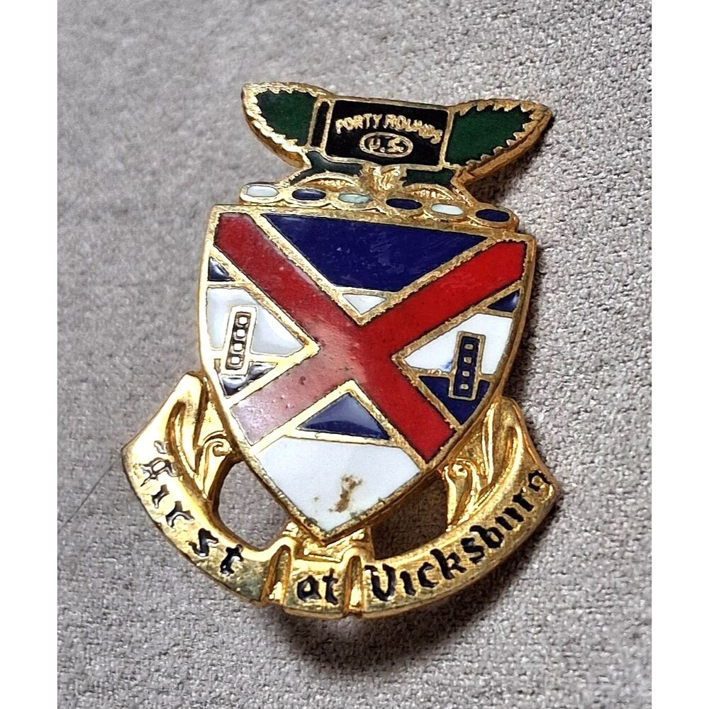 Vintage US Army First At Vicksburg Crest Pin N.S. Meyer Brass Enamel USA